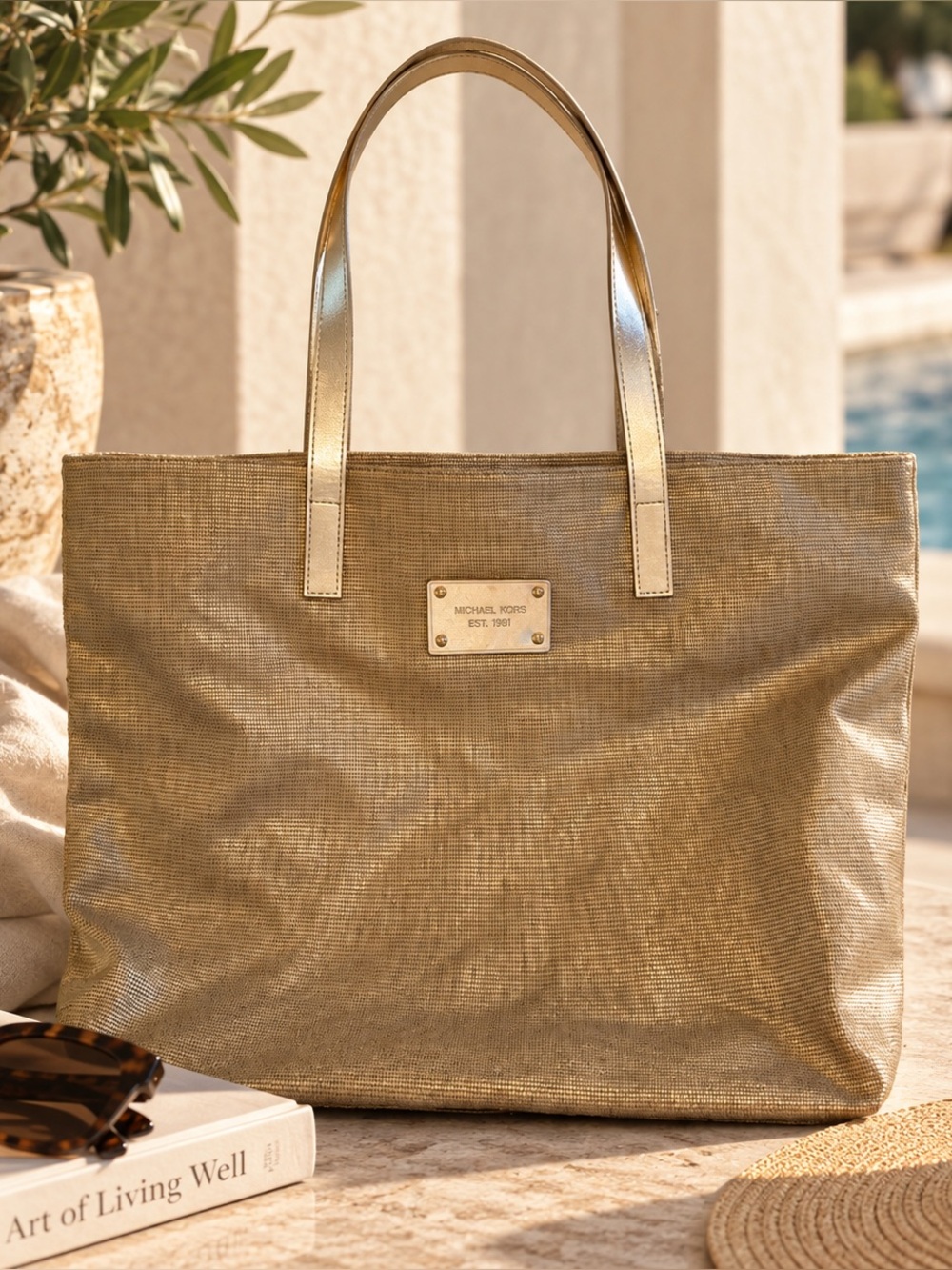 Michael Kors Metallic Gold Travel Tote with Shimmering Finish